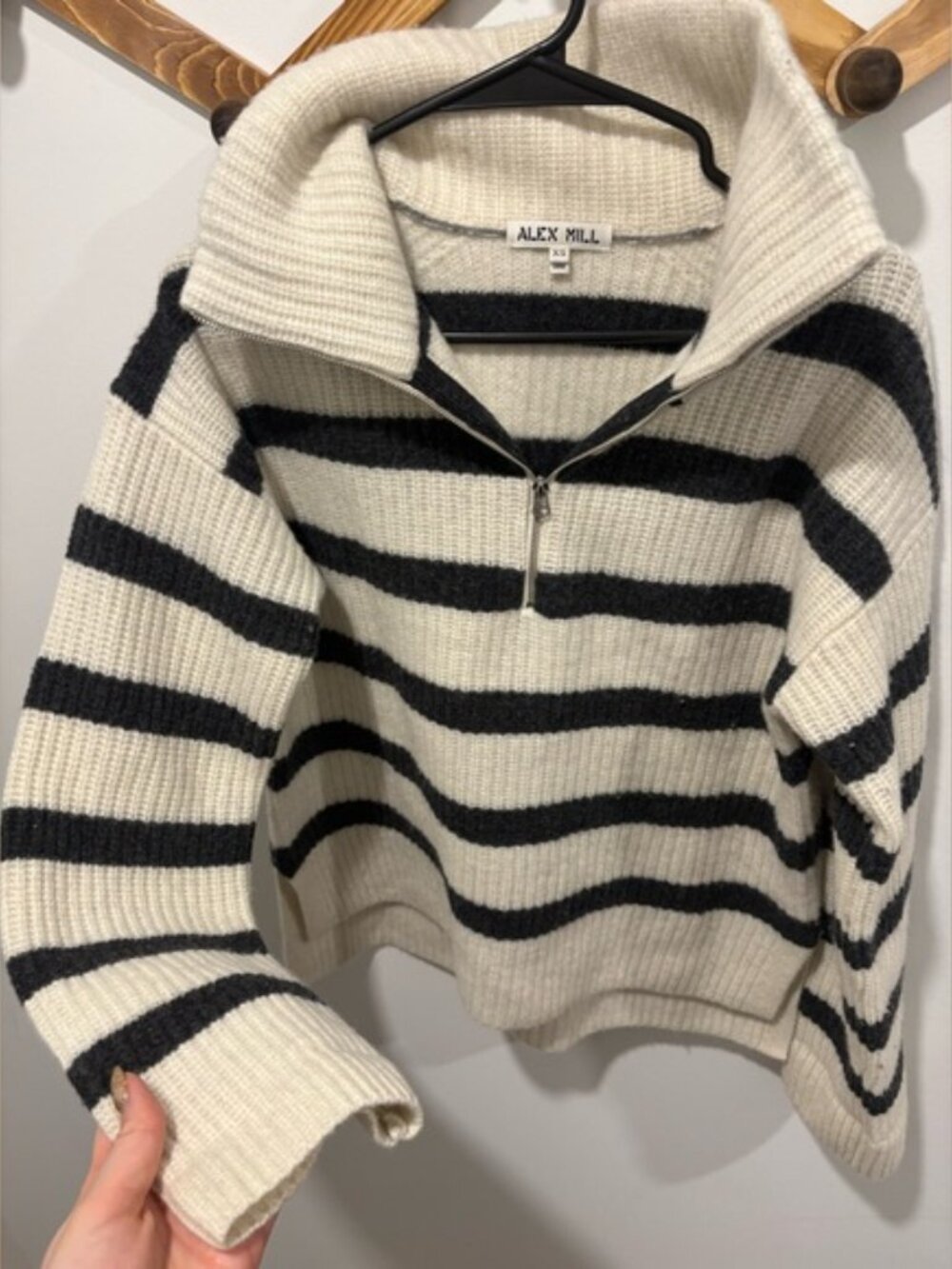 Alex Mill Felix Striped Merino Wool Half Zip Sweater Cream Charcoal XS - Picture 3 of 13